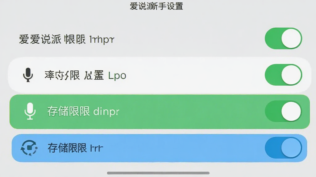 爱说派新手设置界面截图,手机屏幕显示权限开关列表,高亮标注麦克风与存储权限,背景为浅灰色极简风格,界面清晰,画质干净