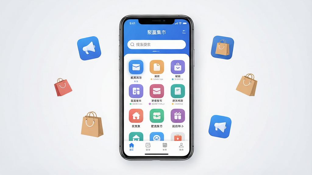 画面中央展示一部智能手机,屏幕上打开一个名为“聚赢集市”的应用界面,界面采用蓝白配色,顶部有搜索框,中间是应用图标网格布局,底部有导航栏;背景为干净的浅灰色渐变,周围漂浮着几个小型应用图标和购物袋元素;整体风格为扁平化科技风,细节清晰,排版整洁,画质高清,干净无多余元素