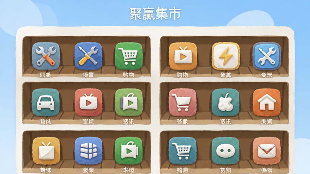 画面主体为“聚赢集市”应用界面截图风格的插画,展示多个应用图标整齐排列在货架式网格中,有工具、购物、资讯等类别标签;布局采用居中对称,背景为浅蓝色渐变;风格为扁平化UI插画,细节包括图标阴影和分类标签,画质高清,干净无多余元素