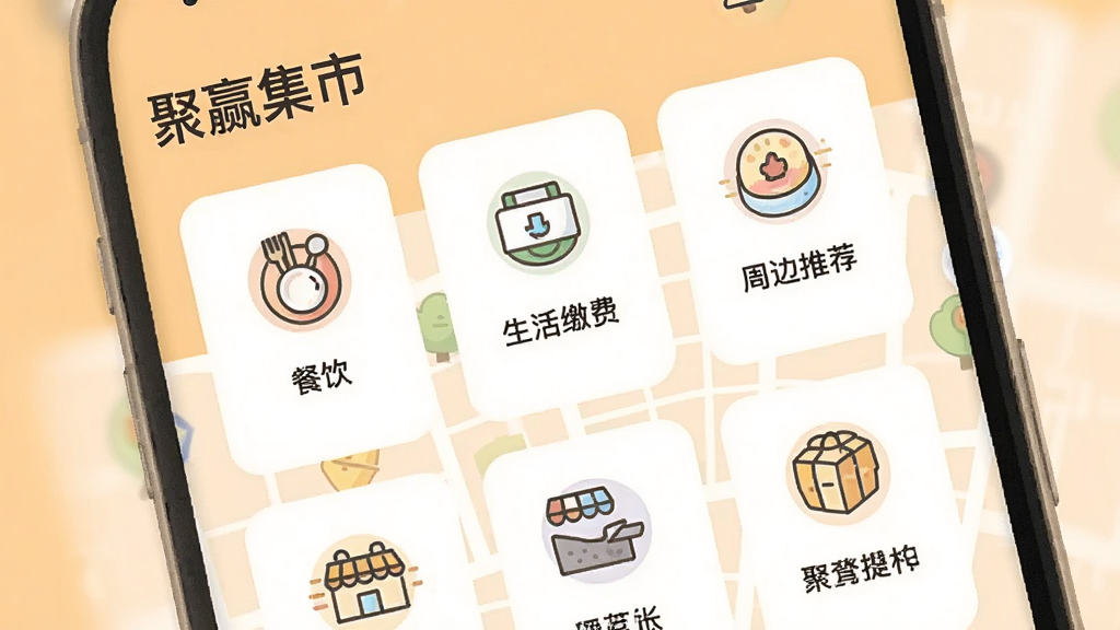 画面描绘“聚赢集市”应用界面中展示本地化服务卡片,包括餐饮、生活缴费、周边推荐等图标,地图背景隐约可见;布局为卡片式排列,背景为暖色调浅橙色;风格为现代扁平插画,细节包括卡片圆角和图标线条,画质高清,干净无多余元素