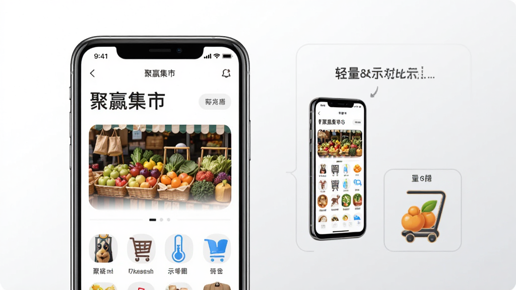 画面展示“聚赢集市”应用在手机上的运行状态,手机屏幕显示应用主界面,旁边有一个体积对比示意图,突出轻量;布局为手机居中,背景为白色到浅灰色的柔和渐变;风格为简洁产品展示风,细节包括手机边框和界面元素,画质高清,干净无多余元素