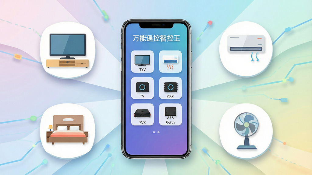 一张展示万能遥控智控王应用界面的手机样机图,画面中央是一部现代智能手机,屏幕上显示着万能遥控智控王的遥控面板,面板上有电视、空调、机顶盒等图标按钮,手机周围环绕着客厅电视、卧室空调、风扇等家电的扁平化图标,布局采用中心辐射式构图,风格简洁科技感,细节上有柔和的阴影和渐变背景,画质清晰明亮,文字标注“万能遥控智控王”,整体干净无多余元素