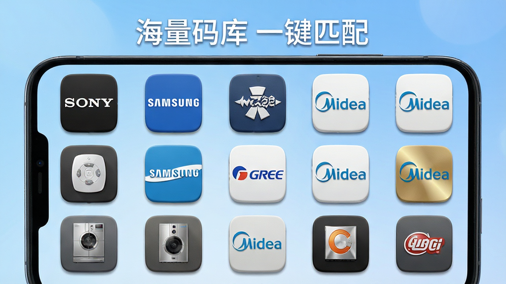 万能遥控智控王应用内展示海量品牌码库的界面截图,画面主体为手机屏幕,屏幕上排列着整齐的品牌图标网格,包括索尼、三星、格力、美的等常见家电品牌,背景为浅蓝色渐变,风格干净清爽,细节上每个图标带有轻微的立体感,画质高清,文字标注“海量码库 一键匹配”,无杂乱元素
