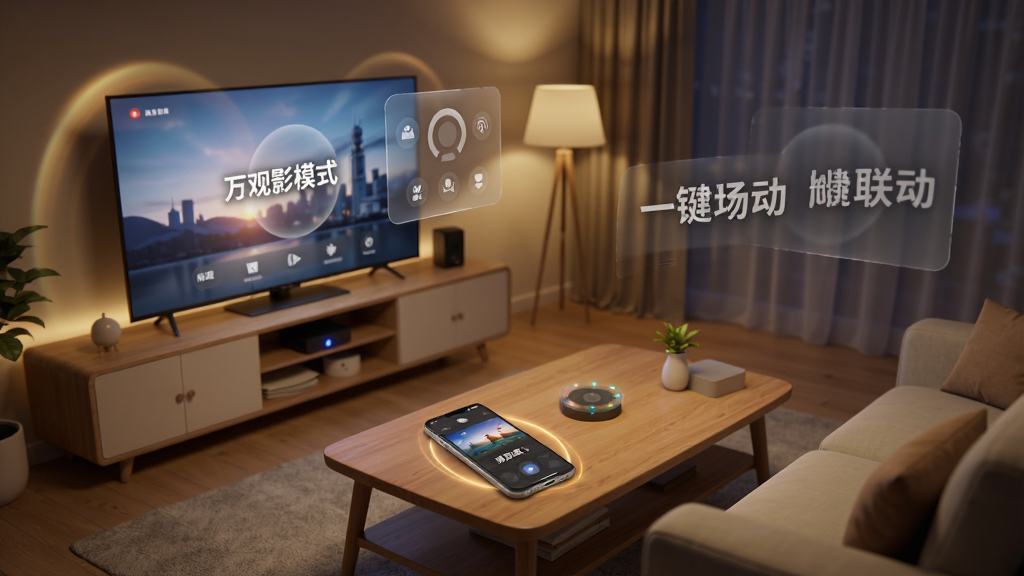 万能遥控智控王智能场景联动功能示意图,画面展示一个温馨的客厅场景,手机放在茶几上,屏幕显示“观影模式”已激活,周围电视亮起、机顶盒指示灯闪烁、灯光自动调暗,布局采用透视视角,风格温馨现代,细节上有光晕效果和半透明UI浮层,画质细腻,文字标注“智能场景 一键联动”,画面干净整洁