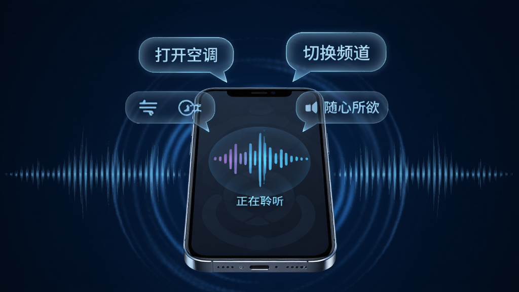 万能遥控智控王语音控制功能展示图,画面中央是一部手机,手机屏幕显示声波动态图标和“正在聆听”字样,手机上方漂浮着“打开空调”“切换频道”等语音气泡,背景为深色科技蓝,风格未来感十足,细节上有声波纹理和发光边缘,画质清晰,文字标注“语音智控 随心所欲”,无多余装饰