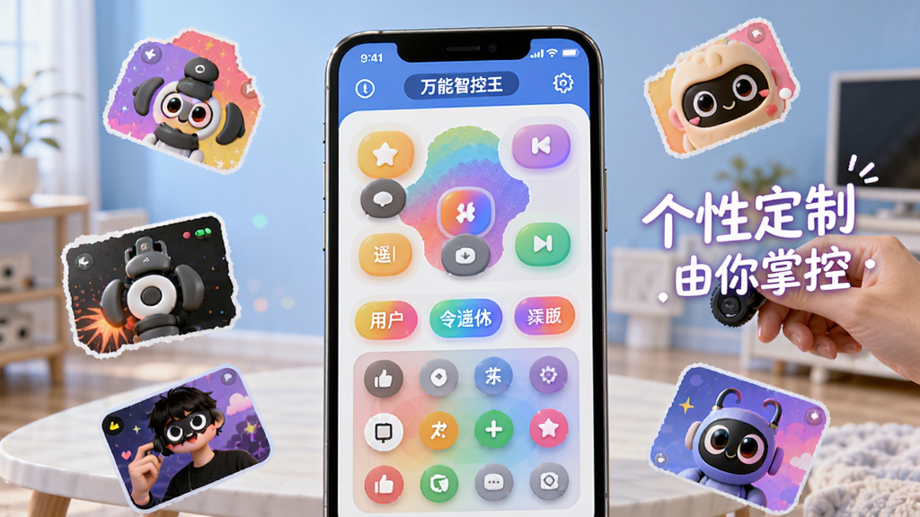 万能遥控智控王个性化遥控界面定制示意图,画面展示手机屏幕上的遥控面板编辑器,用户可以拖拽按钮、更换主题颜色,屏幕周围散落着不同风格的皮肤碎片,布局采用开放式构图,风格活泼创意,细节上有彩色渐变和圆角元素,画质明亮,文字标注“个性定制 由你掌控”,画面干净有序