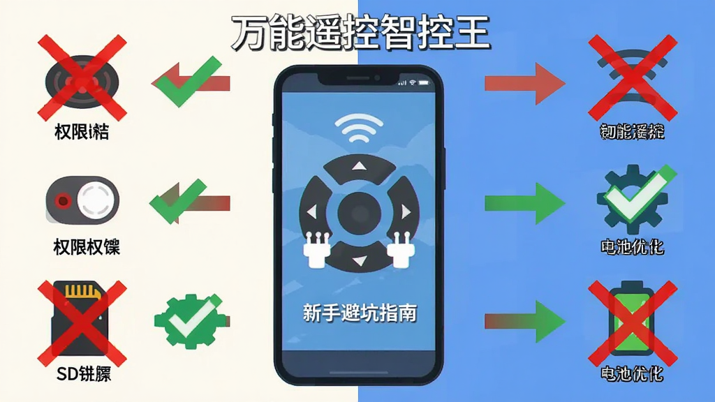 万能遥控智控王新手避坑指南信息图,画面以手机屏幕为中心,周围环绕着红外发射口、权限开关、SD卡、电池优化等图标,用红色叉号和绿色对勾分别标注错误与正确操作,布局采用左右对比式,风格扁平化信息图,细节上有清晰的指引箭头和文字标注,画质干净,文字包含“万能遥控智控王”,无杂乱背景