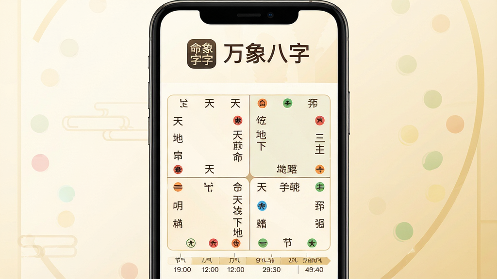 手机屏幕中央显示一个清晰明亮的八字命盘界面,上方有“万象八字”四个汉字,背景为柔和的米白色与浅金色调,布局采用上下结构,上方为软件名称与图标,下方为排盘表格与五行色彩标注,风格为现代扁平化与国风结合,细节包括天干地支字符、五行颜色圆点、节气时间轴,画质高清,干净,无多余元素