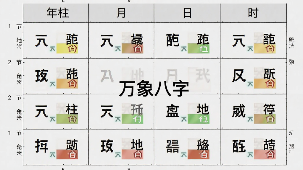 一个展示八字排盘结果的手机界面,画面中央有“万象八字”字样,布局为四列八行表格,表头标注年柱、月柱、日柱、时柱,单元格内包含天干地支与五行颜色标识,背景为浅灰色,风格简洁商务,细节有节气刻度线和小字注释,画质清晰,干净,无多余元素