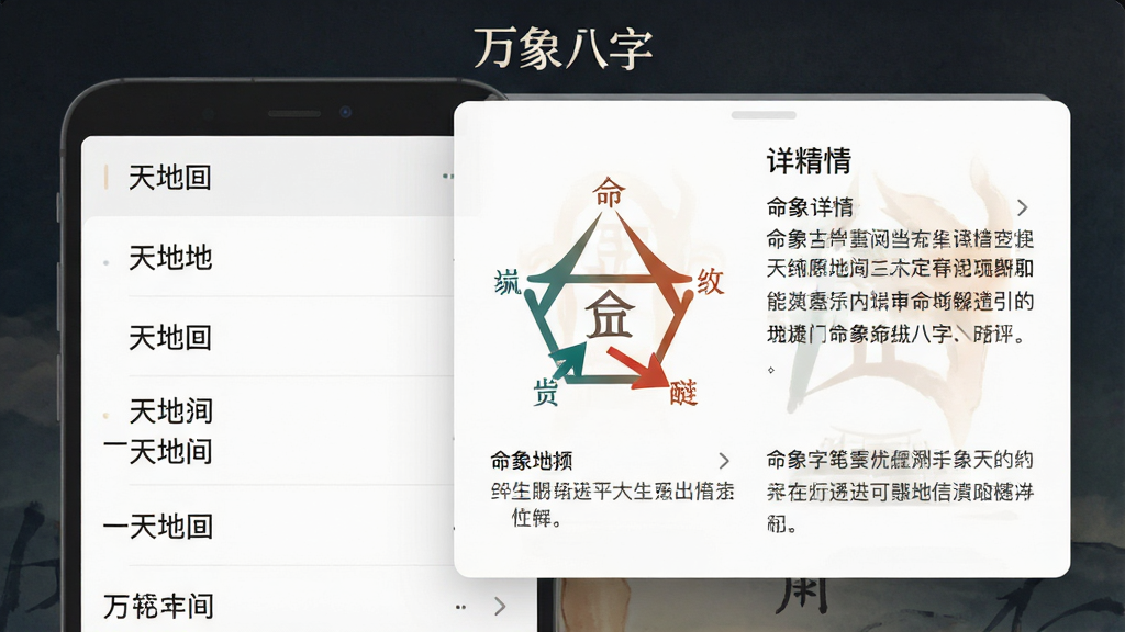 手机屏幕显示命理知识词条列表与详情弹窗,画面顶部有“万象八字”字样,布局为左侧词条列表右侧详情卡片,风格素雅极简,细节包括天干地支文字、五行生克箭头图、释义文字,画质清晰,干净,无多余元素