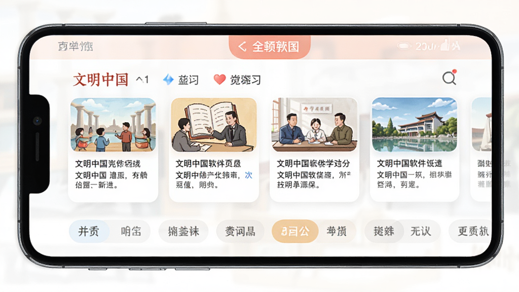 �����й�����ѧϰҳ��չʾͼ���ֻ���Ļ����ʾ�����й�APP��֪ʶѧϰ���棬����ͼ�Ŀ�Ƭ������ǩ�������������������ǳɫ�����ʸ��壬�޶���Ԫ��
