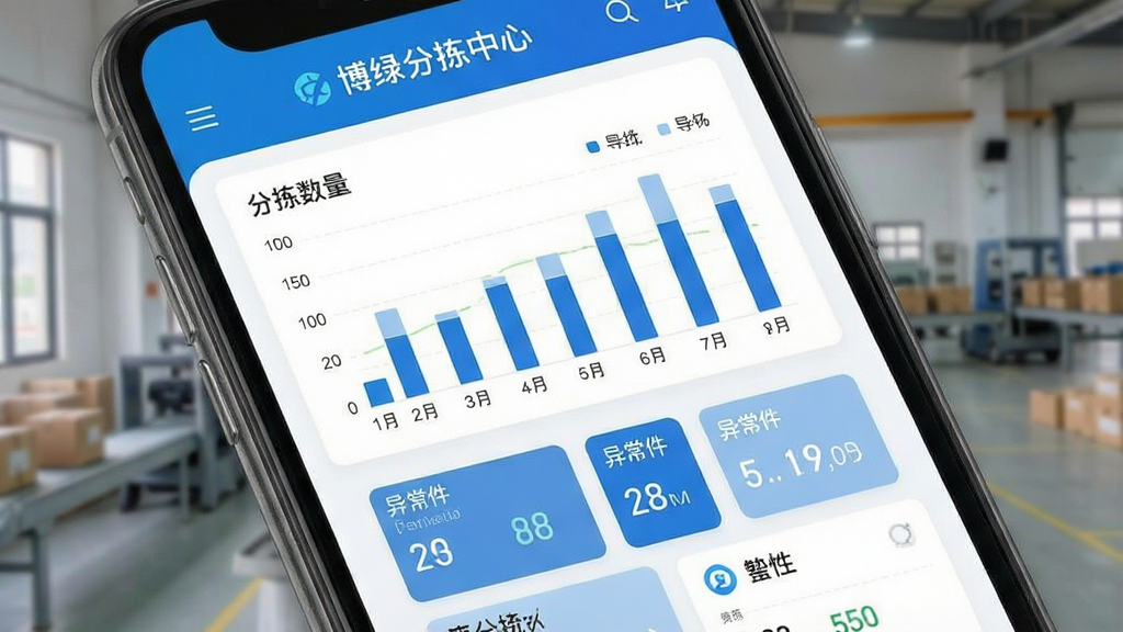 一张展示博绿分拣中心数据统计页面的界面图,画面为手机屏幕截图风格,顶部显示“博绿分拣中心”名称,中部为柱状图和数字卡片,展示分拣数量、异常件等数据,配色以蓝色和白色为主,整体风格清爽简洁,排版整齐,画质高清,干净无多余元素。
