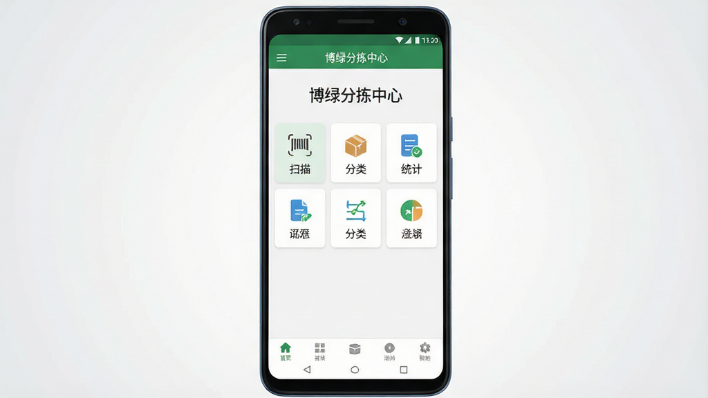一张展示博绿分拣中心手机应用主界面的预览图,画面中央是一部竖屏安卓手机,屏幕内显示应用首页,顶部有“博绿分拣中心”标题,中部为功能按钮区域,包括扫描、分类、统计等图标,底部为导航栏。背景为干净的浅灰渐变,整体风格简洁商务,细节清晰,画质高清,干净无多余元素。