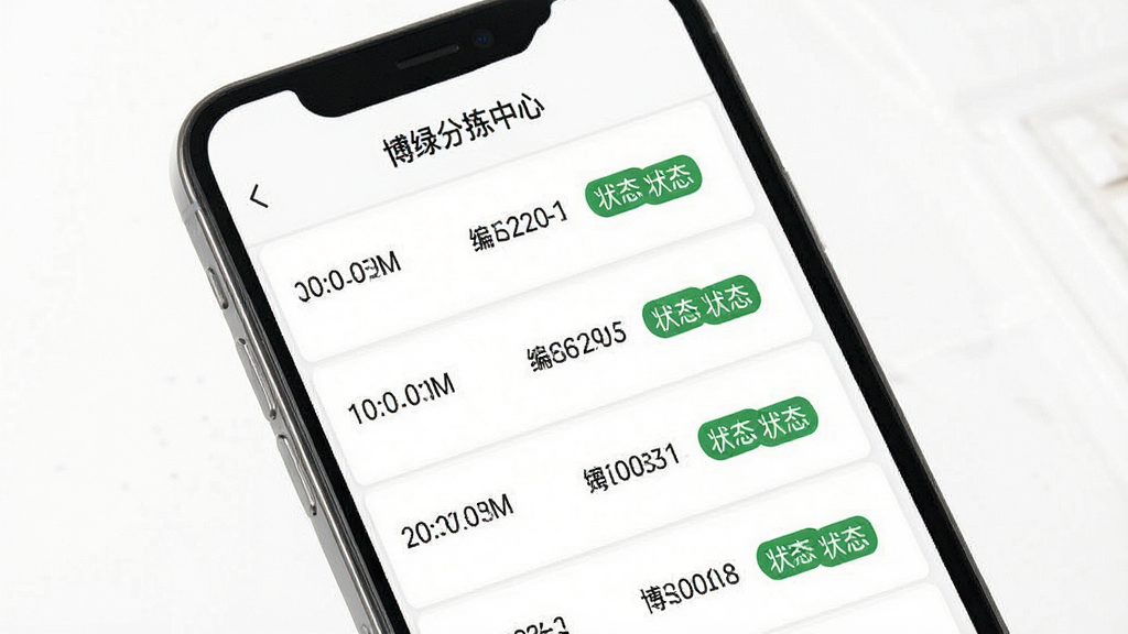 一张展示博绿分拣中心操作记录列表页面的界面图,画面为手机屏幕内显示多条分拣记录,每条记录包含时间、编号和状态标签,顶部有“博绿分拣中心”标题,列表清晰有序,背景为纯白,风格简约商务,细节清晰,画质高清,干净无多余元素。