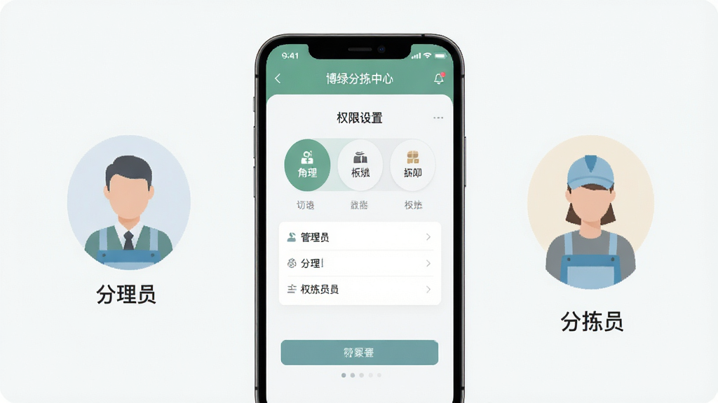 一张展示博绿分拣中心多角色管理界面的示意图,画面中一部手机屏幕显示角色切换与权限设置页面,旁边有抽象的人物图标代表管理员和分拣员,整体布局清晰,风格扁平化,配色柔和,细节到位,画质高清,干净无多余元素。