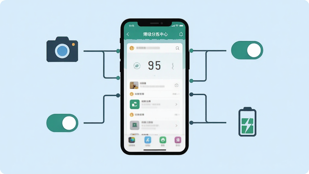 一张展示博绿分拣中心新手操作注意事项的示意图,画面中一部手机屏幕显示应用界面,周围环绕着相机图标、权限开关图标和电池优化图标,用简洁的线条连接,背景为浅蓝色,风格清新扁平,细节清晰,画质高清,干净无多余元素。