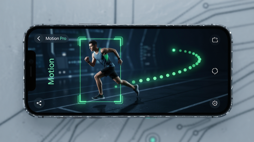 InMotion Pro 智能运动追踪功能演示,手机屏幕显示一个人物被方框选中,后方跟随一串绿色追踪点轨迹,界面风格科技感十足,布局简洁,细节清晰,画质锐利,无多余装饰