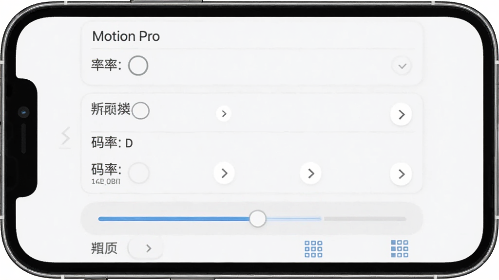 InMotion Pro 导出设置面板,手机屏幕展示分辨率、帧率、码率等选项列表,下方有进度条与队列图标,界面风格简洁商务,布局对齐工整,细节明确,画质清晰,干净无多余元素