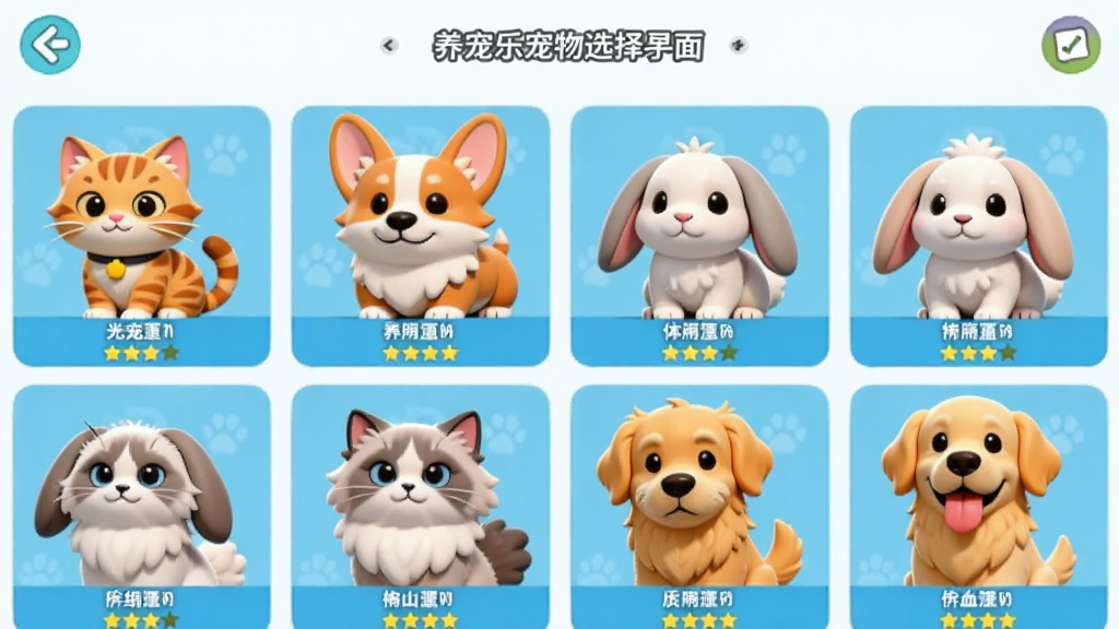 养宠乐宠物选择界面,画面中排列着多只不同品种的卡通宠物,包括橘猫、柯基、垂耳兔、布偶猫、金毛犬,主体呈网格状布局,排版整齐,风格为清新明亮的卡通渲染,细节包括每只宠物旁边的名字标签和星级标识,画质高清,背景干净无杂乱