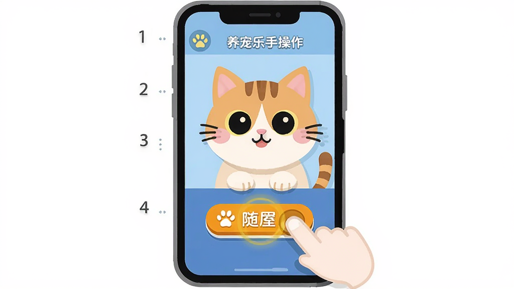 养宠乐新手操作界面,一只卡通猫咪坐在手机屏幕前,旁边有手指点击喂食按钮的示意图,主体居中,布局简洁明了,排版带有步骤序号,风格为扁平化教学插画,细节包括手机边框、猫咪期待的眼神、按钮高亮效果,画质清晰干净,无多余元素