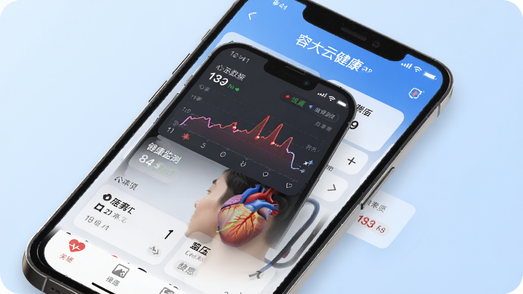 一张展示容大云健康APP主界面的手机应用截图,界面清晰显示健康数据仪表盘、心率监测曲线和血压记录卡片,背景为干净的浅蓝色渐变,风格简洁现代,画质高清,无多余元素