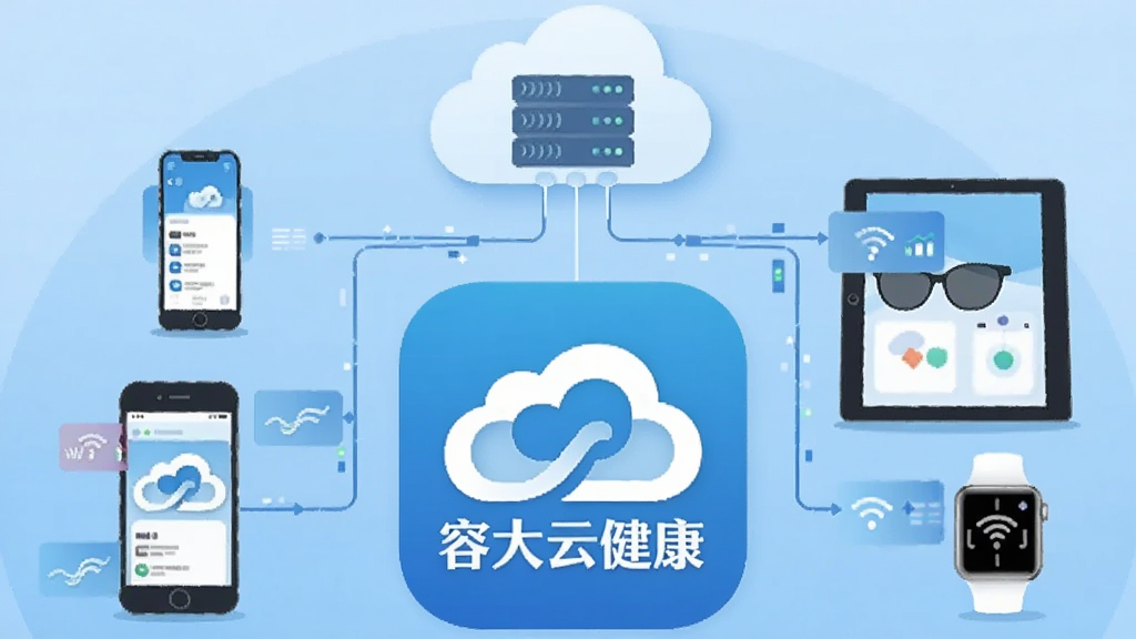 一张表现云端数据同步概念的插画,画面中央是“容大云健康”应用图标,周围环绕着手机、平板和智能手表,数据流从设备汇聚到云端服务器,风格扁平化科技感,色调以蓝白为主,画质干净清晰
