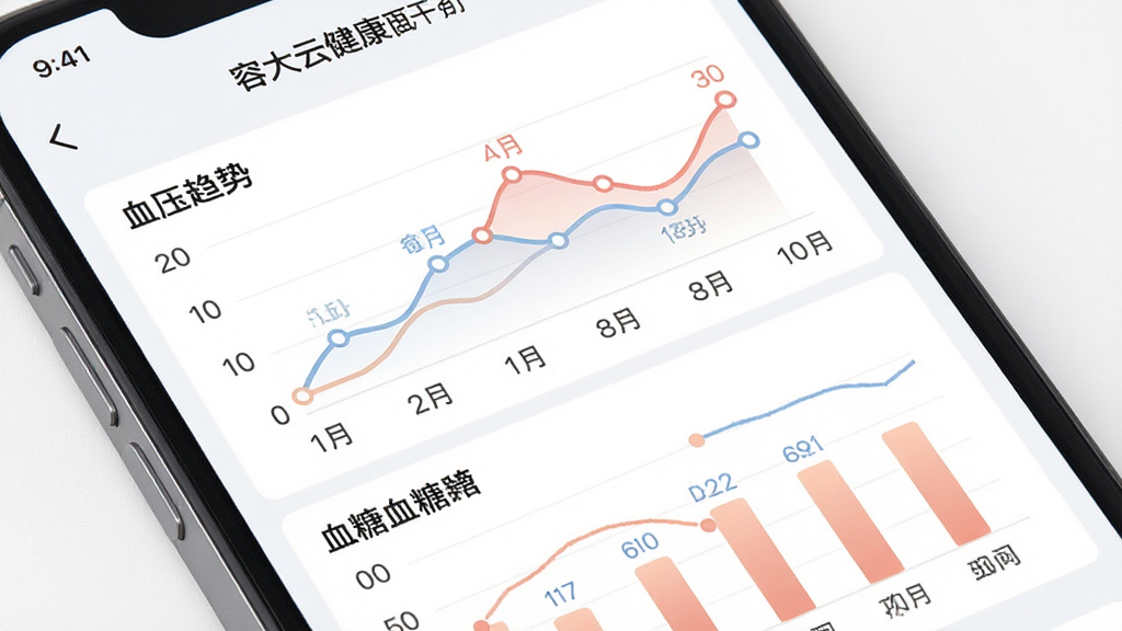 一张手机屏幕特写,显示容大云健康APP内的健康趋势图表,包括血压折线图和血糖柱状图,图表配色柔和,数据点清晰,背景为白色,风格简洁专业