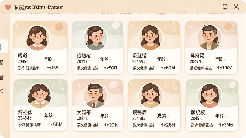 一张展示家庭健康档案管理界面的示意图,画面中有多个家庭成员的头像卡片,每张卡片显示姓名、年龄和最近一次健康指标,界面布局清晰,风格温馨亲切,色调柔和