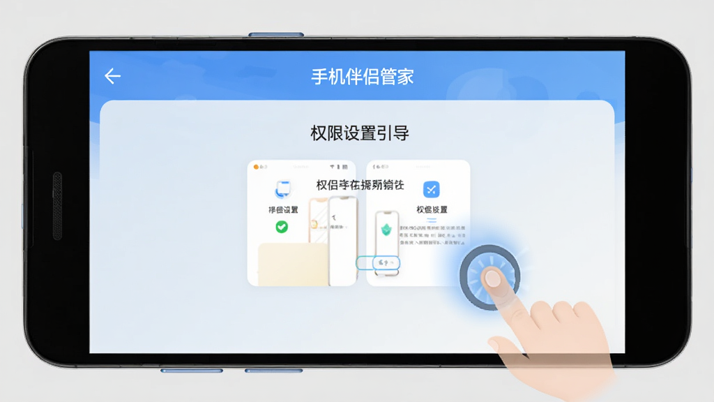 手机伴侣管家新手操作手机界面示意图,画面展示一部安卓手机,屏幕上显示手机伴侣管家APP的权限设置引导页面,旁边有手指点击操作的动态效果,背景为浅灰色简约风格,软件名称“手机伴侣管家”在画面顶部居中显示,整体风格清晰易懂,画质干净,无多余元素。