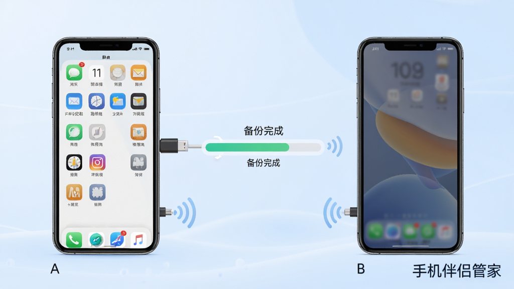 手机伴侣管家应用备份与恢复功能示意图,画面左侧显示手机A中的应用图标列表,通过数据线或无线连接传输至右侧手机B,中间有进度条和“备份完成”提示,背景为柔和的浅蓝色调,软件名称“手机伴侣管家”在画面角落自然呈现,整体风格简洁明了,画质高清。