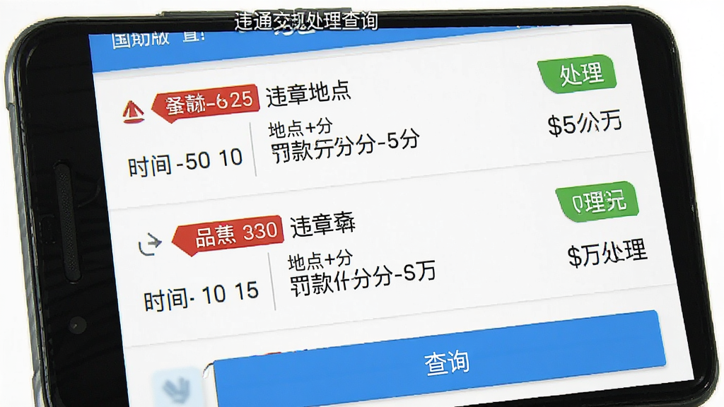 交通交规处理查询-手机助手 安卓版 违章查询结果页面 手机屏幕展示违章记录列表 每条记录包含时间地点扣分罚款信息 主体为手机正面竖屏 布局为列表式排版 风格为工具类应用界面 细节包含红色违章标签 绿色已处理标签 查询按钮 画质高清 干净 无多余元素