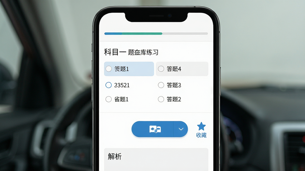 交通交规处理查询-手机助手 安卓版 交规学习界面 手机屏幕显示科目一题库练习页面 题目为选择题 选项排列整齐 顶部有进度条 主体为手机正面特写 布局为上下结构 排版清晰 风格为教育类应用界面 细节包含答题卡按钮 收藏图标 解析区域 画质高清 干净 无多余元素