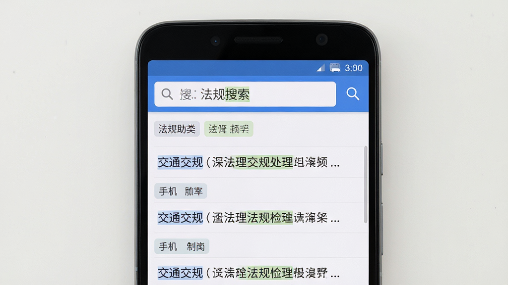 交通交规处理查询-手机助手 安卓版 法规检索界面 手机屏幕显示搜索框与法规条款列表 主体为手机正面竖屏 布局为搜索栏加结果列表 风格为简洁工具类界面 细节包含放大镜图标 关键词高亮 条款分类标签 画质高清 干净 无多余元素