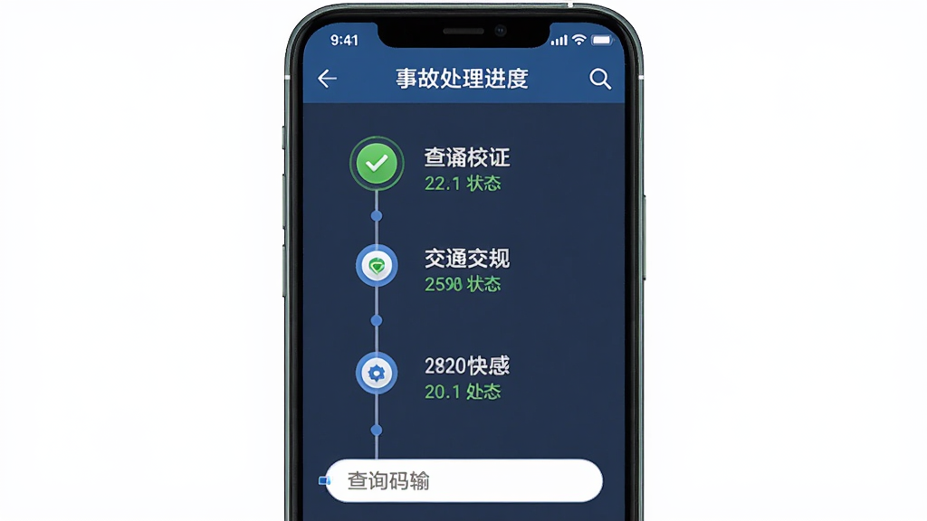 交通交规处理查询-手机助手 安卓版 事故处理进度页面 手机屏幕显示处理流程时间轴 主体为手机正面展示 布局为纵向时间轴排版 风格为政务类应用界面 细节包含进度节点图标 状态文字说明 查询码输入框 画质高清 干净 无多余元素