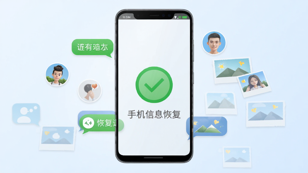 一部安卓智能手机屏幕中央显示绿色的恢复成功图标,周围环绕着短信气泡、联系人头像、照片缩略图等数据图标,背景为干净的浅蓝色渐变,风格简洁现代,画质清晰,无多余元素,画面中带文字“手机信息恢复”