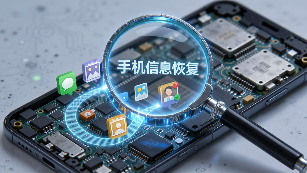 一个发光的放大镜在手机内部电路板上扫描,扫描路径上浮现出短信、照片、联系人等彩色图标,风格科技感十足,主体突出,布局居中,画质高清,带文字“手机信息恢复”
