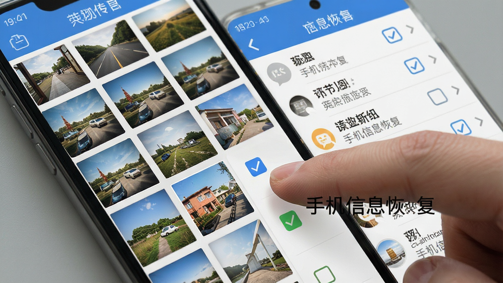 手机界面展示照片缩略图网格和短信列表,带有勾选框,用户手指正在点击选择,风格写实UI界面,布局清晰,画质细腻,无杂乱元素,带文字“手机信息恢复”