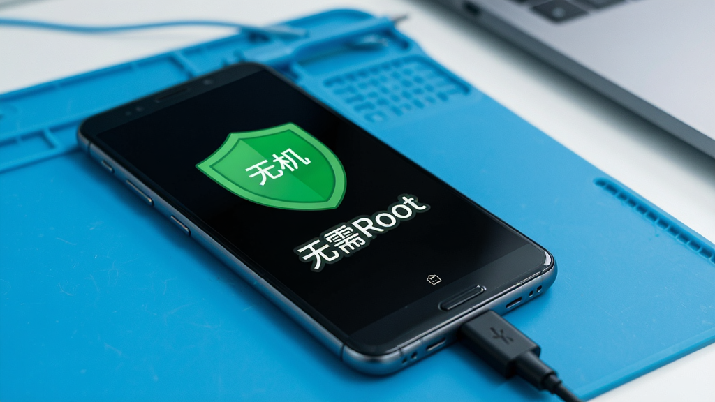 一部普通安卓手机连接电脑,屏幕上显示绿色盾牌和“无需Root”字样,背景为干净的工作台,风格简洁商务,画质清晰,带文字“手机信息恢复”