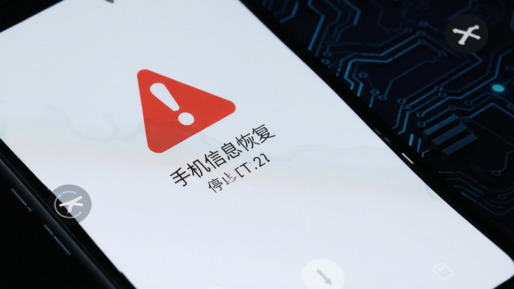 一部安卓手机屏幕显示警告标志和停止写入的提示,旁边有飞行模式图标,背景为深色科技风格,布局简洁,画质清晰,带文字“手机信息恢复”