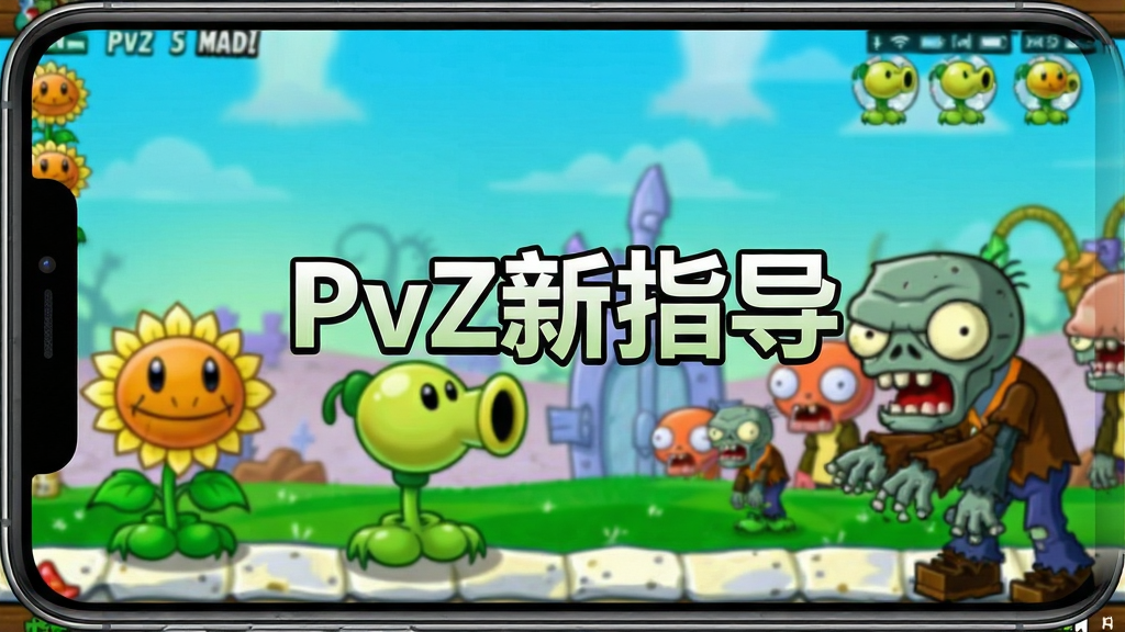 一张展示PvZ新指导软件主界面的手机截图,画面中央是软件名称“PvZ新指导”,背景是植物大战僵尸经典的游戏场景,有向日葵、豌豆射手和僵尸角色,界面布局清晰,风格活泼明快,画质高清,干净整洁,无多余元素