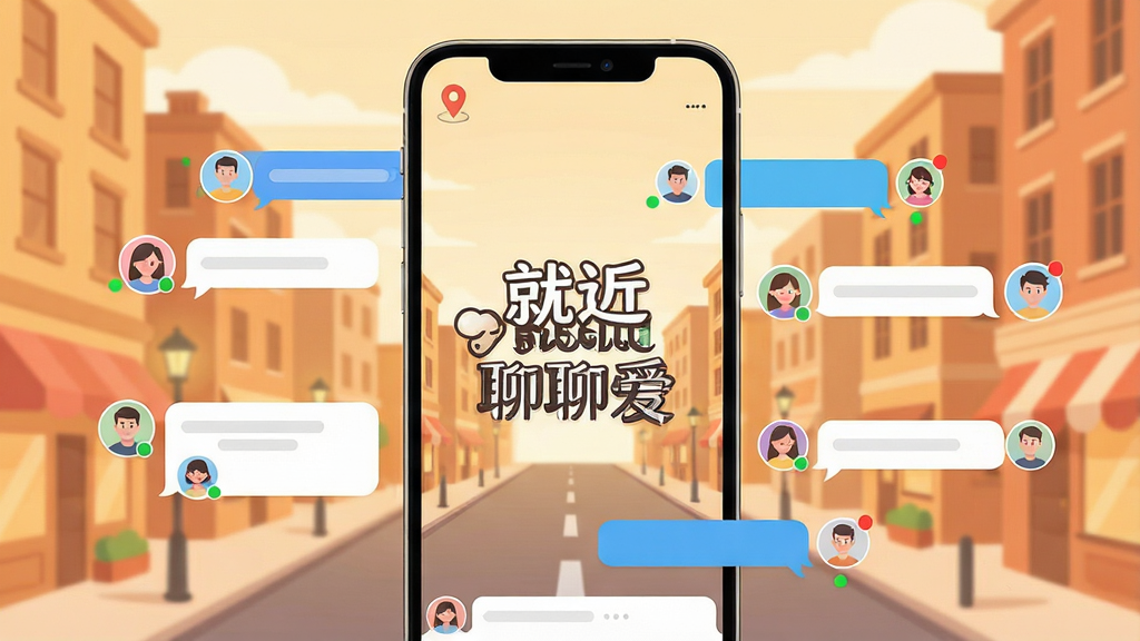 一张手机屏幕展示社交聊天应用的界面,画面中央是应用名称“就近聊聊爱”的醒目文字,周围环绕着用户头像气泡和聊天对话框,背景是温暖的城市街景插画,布局采用居中放射式排版,风格清新现代扁平化,细节包括定位图标、消息红点、在线状态小绿点,画质高清,画面干净,无多余元素