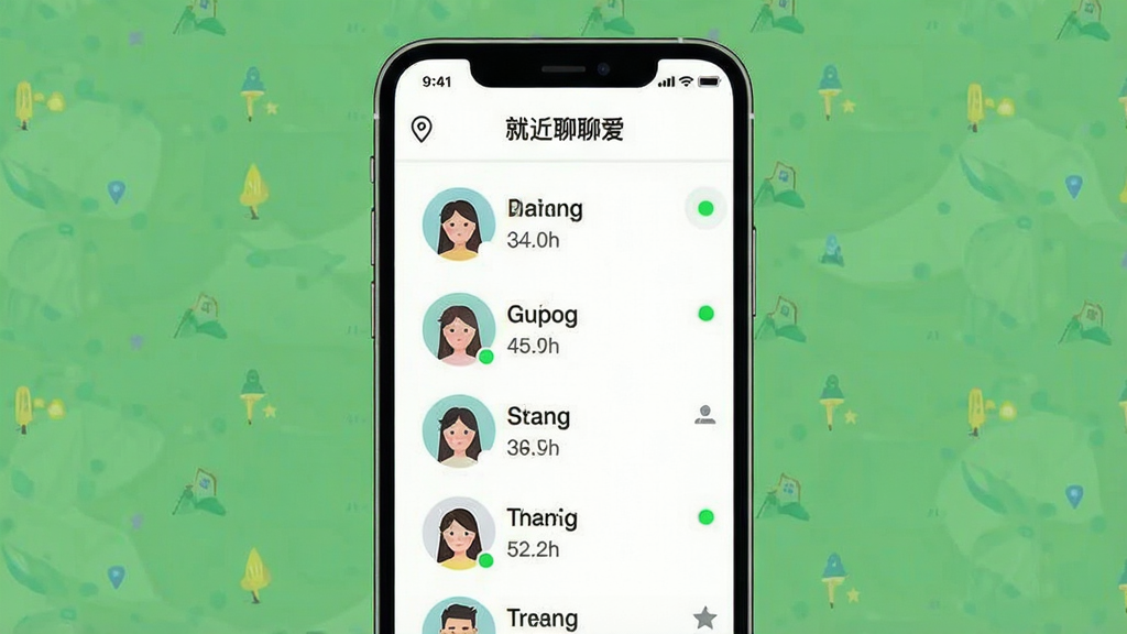 一张手机界面截图风格插画,画面主体是“就近聊聊爱”应用首页,展示附近用户头像列表,每个头像旁标注距离和在线状态,布局为纵向列表排版,风格简约清爽,细节包括定位图标、距离数值、绿色在线小点,画质清晰,画面干净,无多余元素