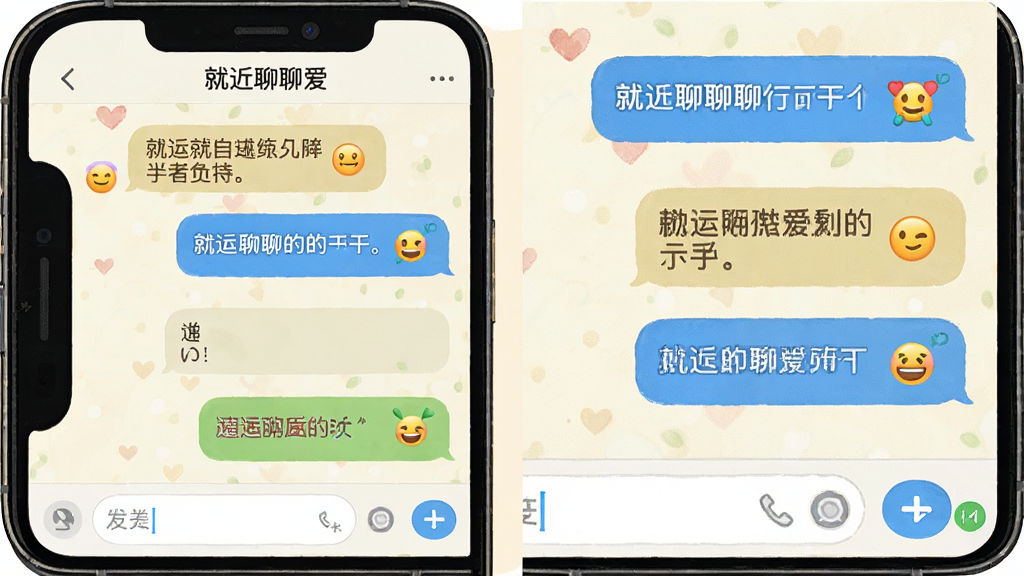 一张手机聊天界面插画,画面展示“就近聊聊爱”应用内的对话窗口,左右两侧分别是发送和接收的消息气泡,包含文字和表情符号,布局为经典聊天窗口排版,风格温暖友好,细节包括输入框、发送按钮、已读标记,画质高清,画面干净,无多余元素