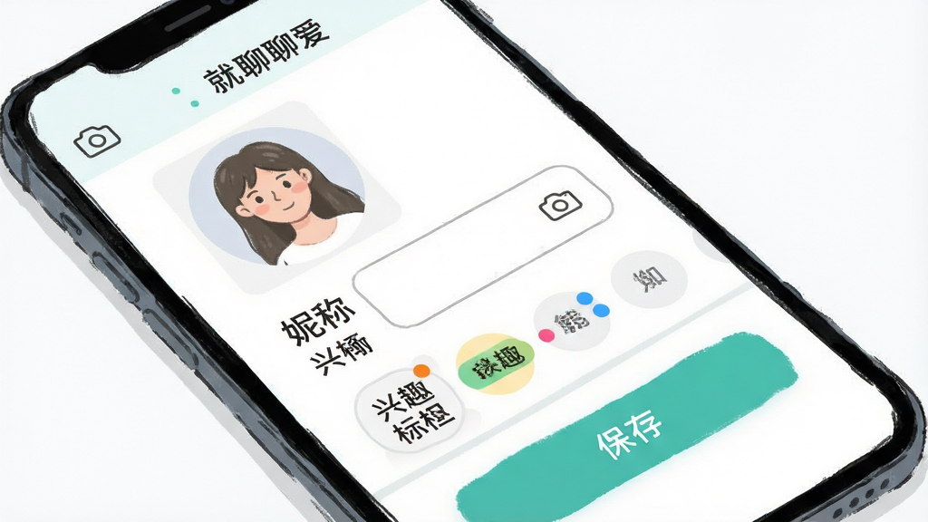 一张手机个人资料编辑界面插画,画面展示“就近聊聊爱”应用中的资料填写页面,包含头像上传区域、昵称输入框、兴趣标签选择按钮,布局为表单式排版,风格简洁明快,细节包括相机图标、标签彩色圆点、保存按钮,画质清晰,画面干净,无多余元素