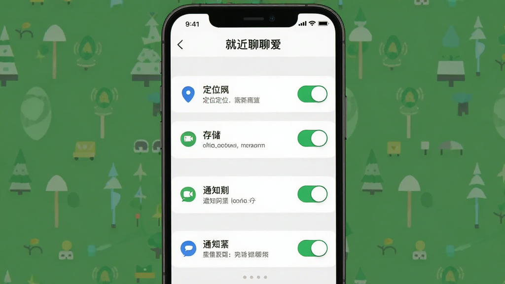 一张手机应用设置界面插画,画面展示“就近聊聊爱”的权限管理页面,包含定位、存储、通知等权限开关,布局为纵向列表排版,风格简洁实用,细节包括权限图标、开关按钮、提示文字,画质高清,画面干净,无多余元素