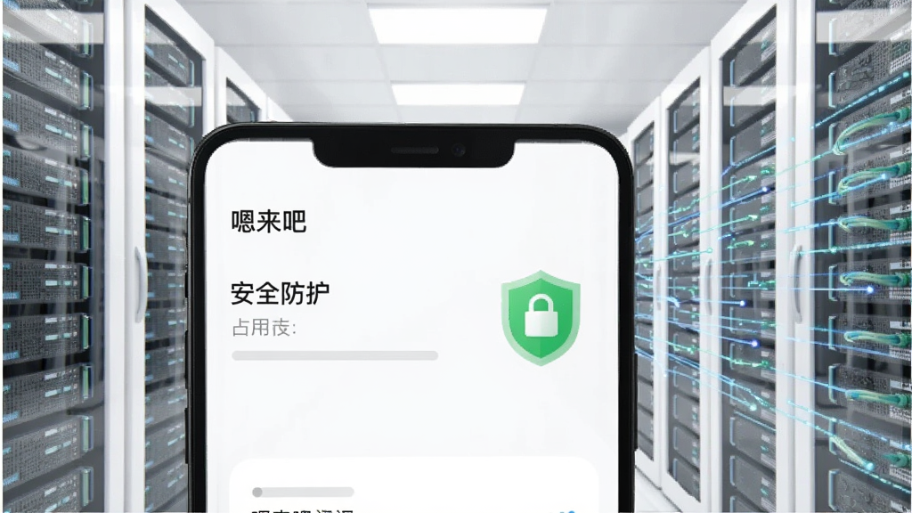 一张手机存储空间管理界面的示意图,画面中显示“嗯来吧”软件占用空间极小,旁边有一个绿色的盾牌图标代表安全防护,背景是干净的白色机房或抽象数据流,风格简约商务,画质清晰,无多余杂乱元素