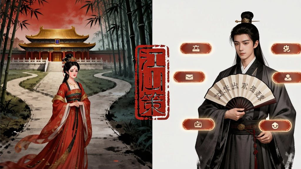 画面采用左右分割布局,左侧是古装女子站在岔路口,一条路通向金銮殿,另一条路通向幽暗竹林;右侧是古装男子手持折扇,面前浮现多个发光的选择按钮。画面中央有