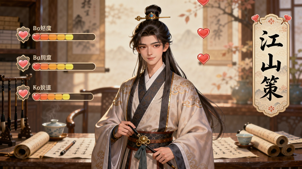 画面中心是一位古装角色立绘,周围环绕着好感度进度条与爱心图标,背景是古代书房,桌上摆放着书卷与茶盏。画面右侧有
