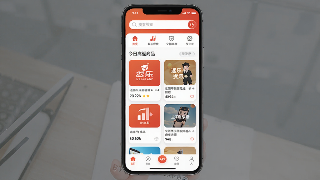 ������APP�������ͼ���ֻ���Ļ����չʾ����ҳ����Ϊ������ͷ���ͼ�꣬�в�Ϊ���ո߷���Ʒ��Ƭ�б����ײ�Ϊ��������������óȺ����ɫ�������ˬ��񣬽���ɾ����࣬�����������޶���Ԫ��