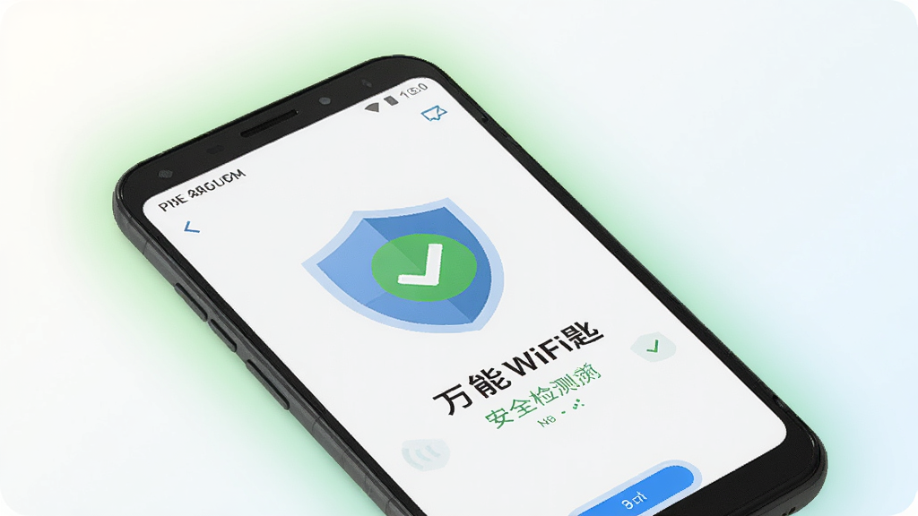 һ����׿�ֻ�չʾ����WiFi�׿���Ӧ�õİ�ȫ�����棬��Ļ���ж���ͼ������ɫ��ȫ��ʶ���ֻ���Χ���Ƶ���ɫ���Σ�����Ϊ�ɾ���ǳɫ���䣬�������Լ��ȫ���⣬ϸ�����������ʸ��壬�ɾ��޶���Ԫ��